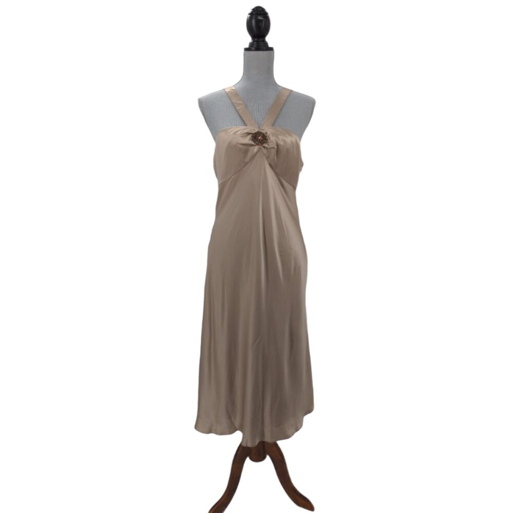 LOFT‎ Midi Halter Dress Womens 10 Beige Silk Blend Cocktail Party Quiet Luxury